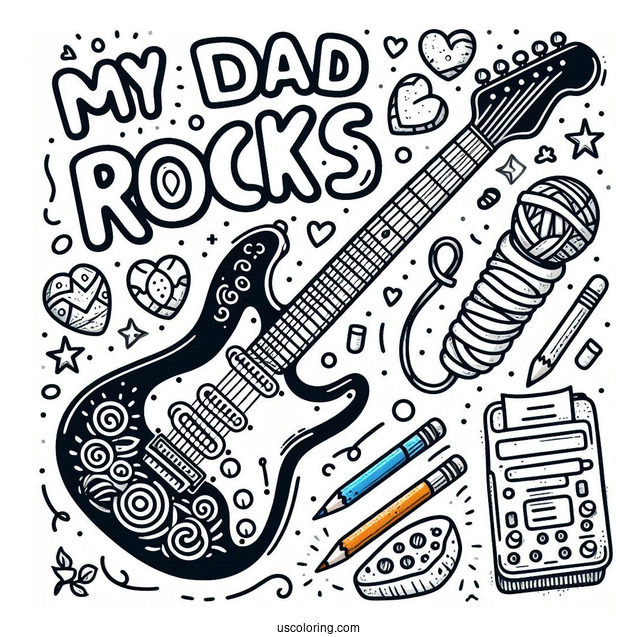 Father's Day Coloring Page Of My Dad Rocks Text With Electric Guitar