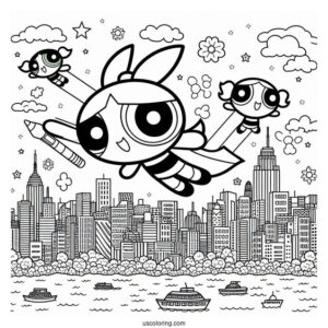 Powerpuff Girls Flying Over City To Color