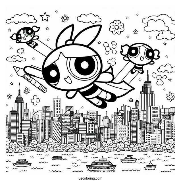 Powerpuff Girls Flying Over City To Color