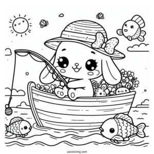 Cute Animals Fishing Coloring Page On A Boat At Sea For Kids