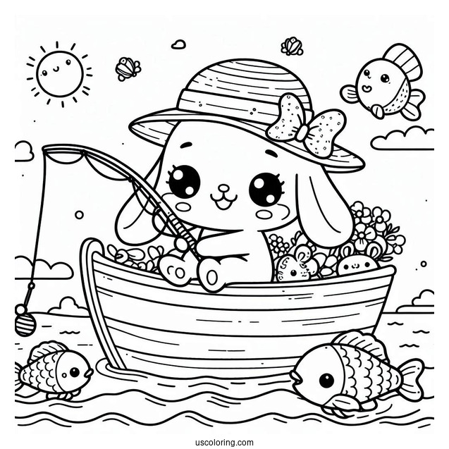 Cute Animals Fishing Coloring Page On A Boat At Sea For Kids