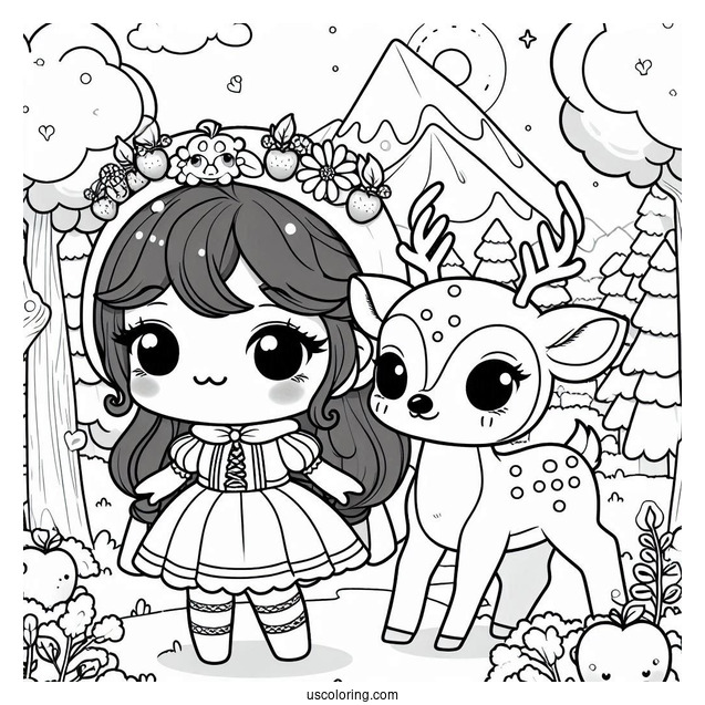 Kawaii Snow White Coloring Pages With Deer In The Forest For Preschoolers