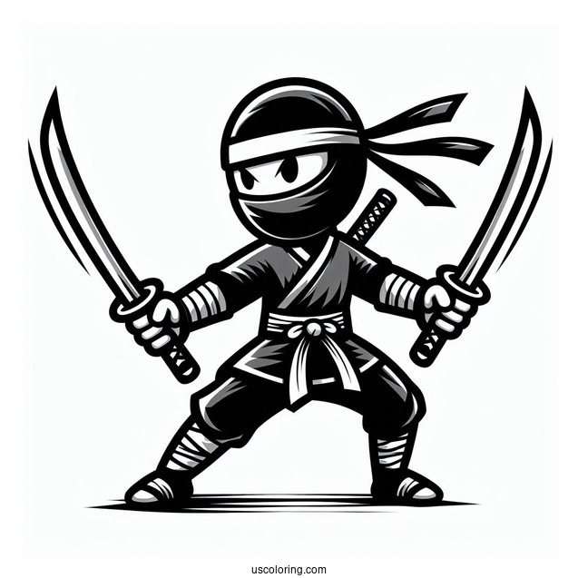 Easy Ninja With Swords In A Fight Coloring Page For Kids