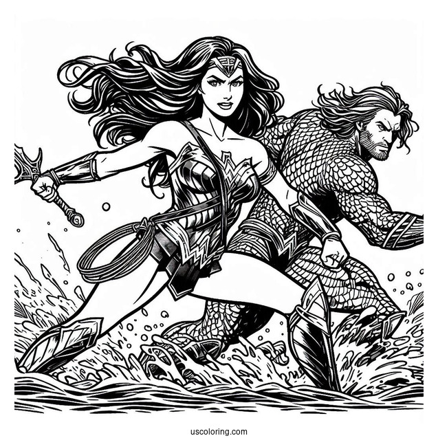 Wonder Woman Fighting Alongside Aquaman Coloring Page