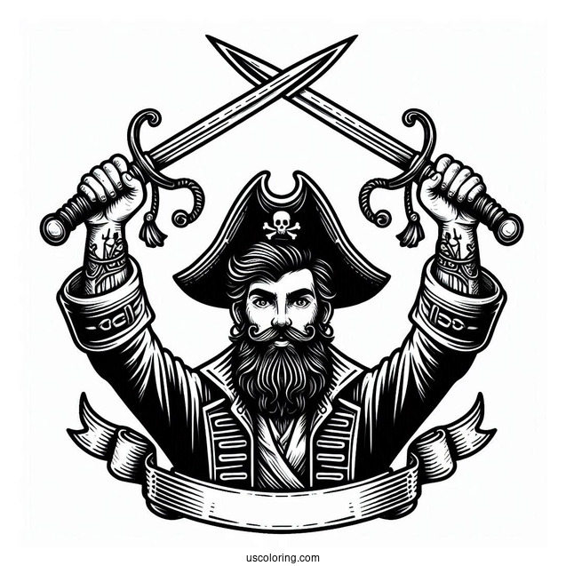 Pirate Coloring Page Holding Up Two Daggers For Kids