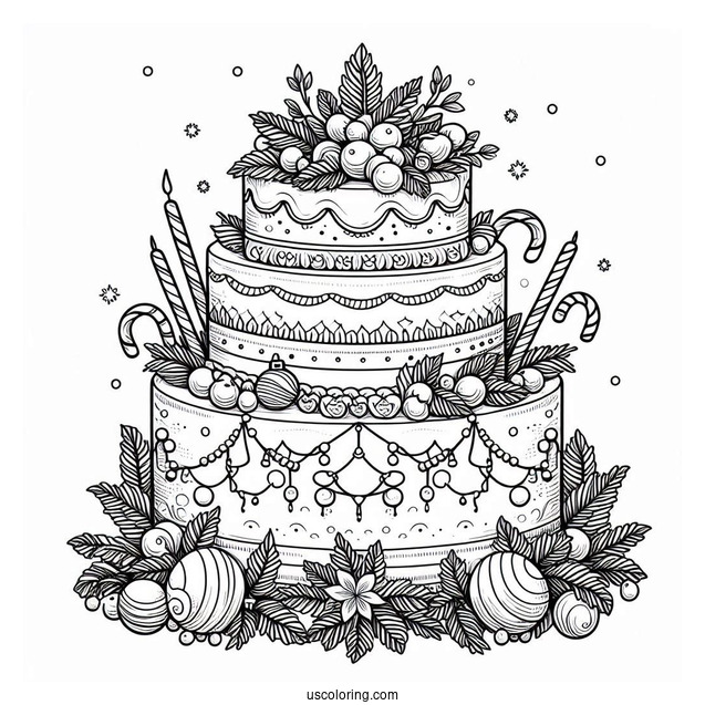 Detailed Christmas Tiered Cake Coloring Page