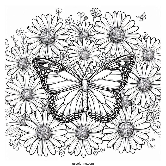 Butterfly Coloring Page Surrounding A Bunch Of Daisies
