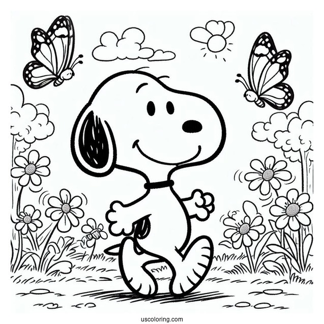 Snoopy Walking In Park With Butterflies