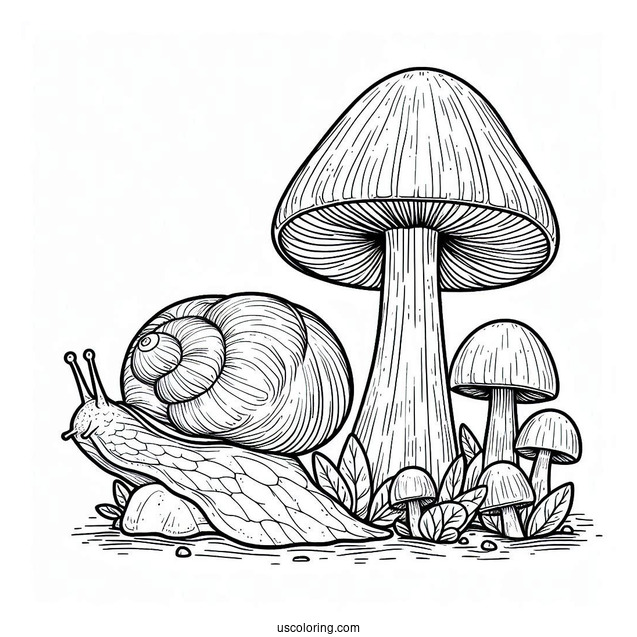 Snail Crawling On Top Of A Mushroom Coloring Page For Preschoolers