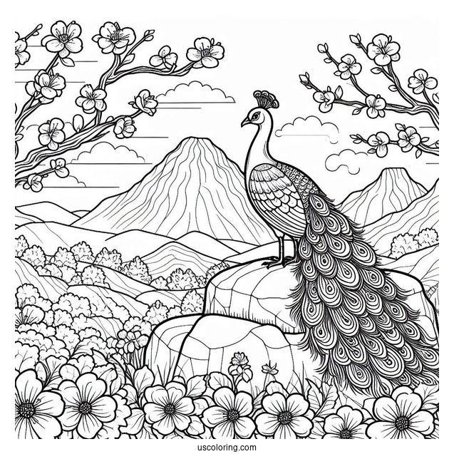 Peacock Coloring Page on Rock with Blossoms and Mountain Landscape