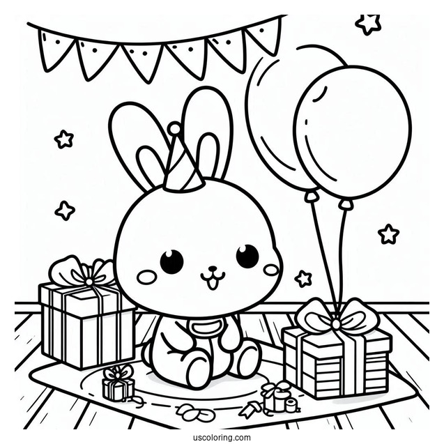 Pochacco Coloring Page Sitting On Floor With Birthday Presents And Balloons