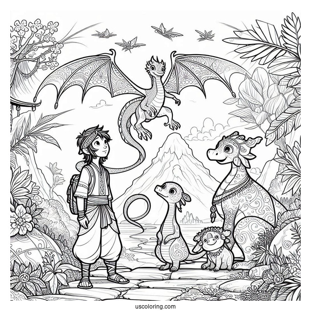 Raya And The Last Dragon Coloring Page Of Raya, Sisu, Tuk Tuk, And Namaari