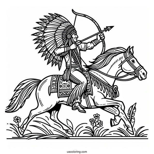 Native American Coloring Page Chief Shooting Arrow While Riding Horse
