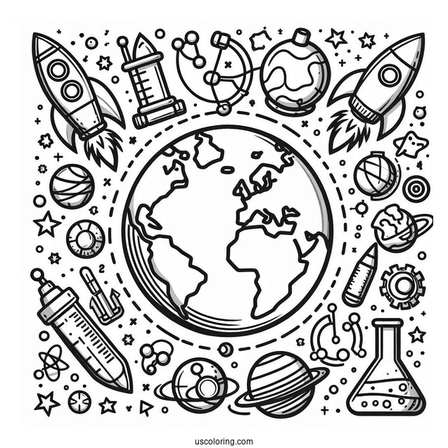 Simple Earth Surrounded By Rockets, Planets, Flasks, And Magnets Science Coloring Page