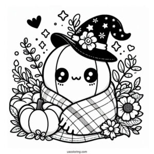 Pumpkin Coloring Page Kawaii Blanket Ghost With Witch Hat, Flowers, And Pumpkin