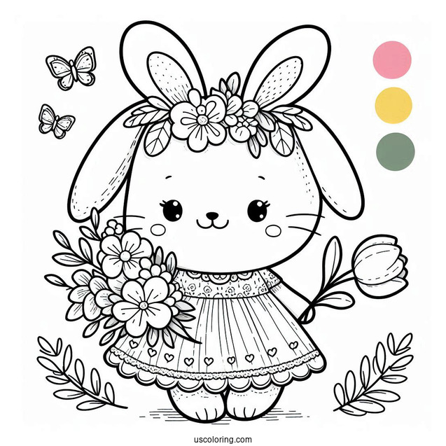 Adorable Bunny In A Dress With A Flower Bouquet In Spring Coloring Sheet
