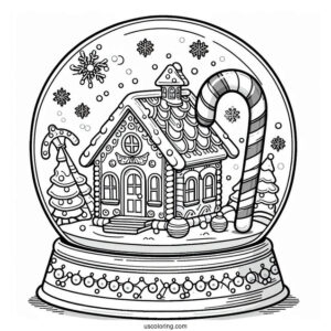 Fancy Gingerbread House With Candy Cane Snow Globe Coloring Page