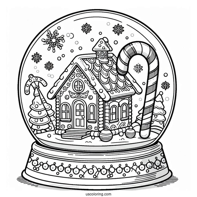 Fancy Gingerbread House With Candy Cane Snow Globe Coloring Page