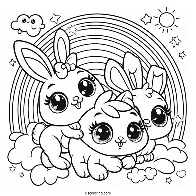 Sunny Bunnies Coloring Page Of Big Boo, Iris, Turbo, Shiny, And Hopper On A Rainbow