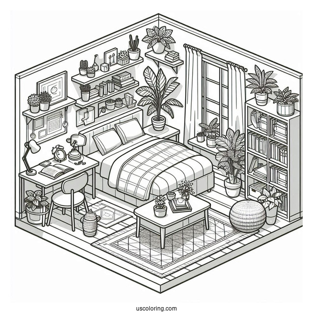 Isometric Bedroom Coloring Page With Bookshelves, Coffee Table, And Plants