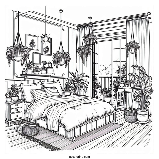 Bedroom Coloring Page With Hanging Plants And Open Balcony