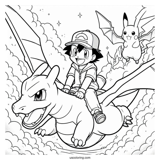 Coloring Sheet Of Ash And PIkachu Riding Charizard
