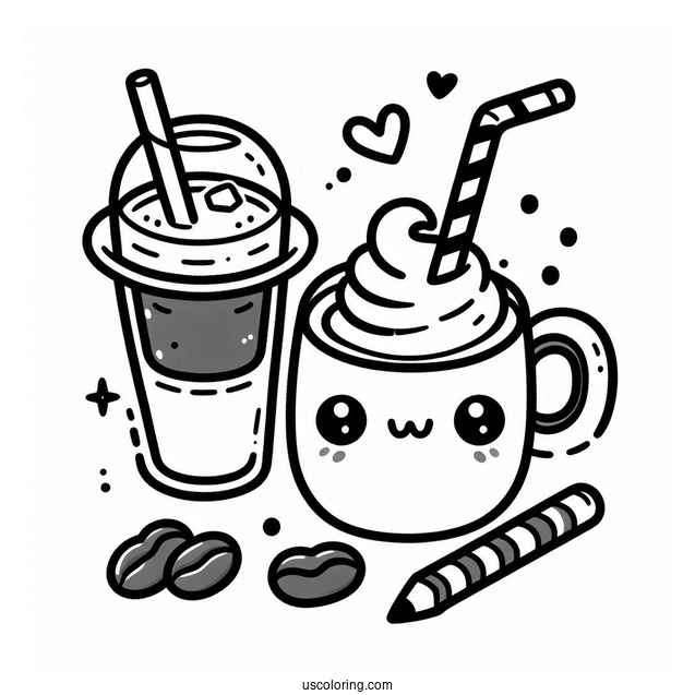 Cute Coffee Coloring Pages Of Cup Next To Cup Of Iced Beverage