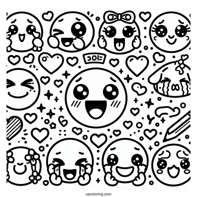 Emoji Coloring Page Of Kawaii Full Page Emoji Montage Of Feelings And Hearts
