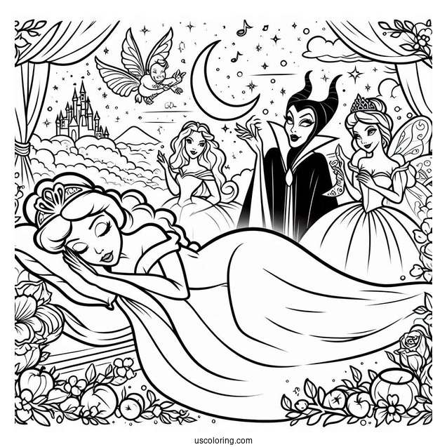 Sleeping Beauty Coloring Page With Maleficent And The Fairy Godmothers
