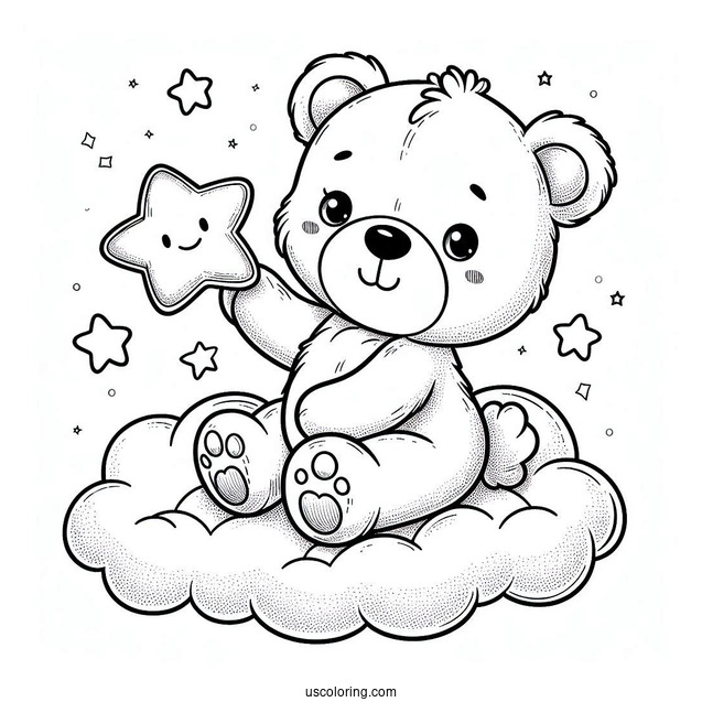 Cute Coloring Page Teddy Bear Holding A Star In The Clouds