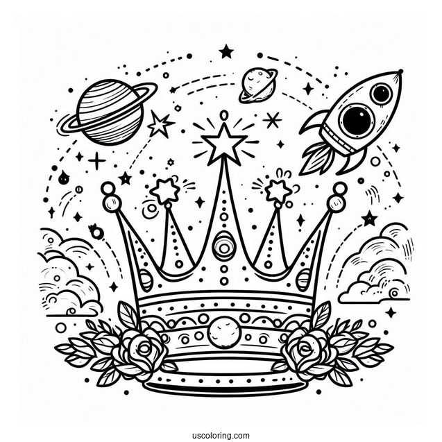 Galactic Crown Coloring Page with Planets, Stars, and Rocket Launch
