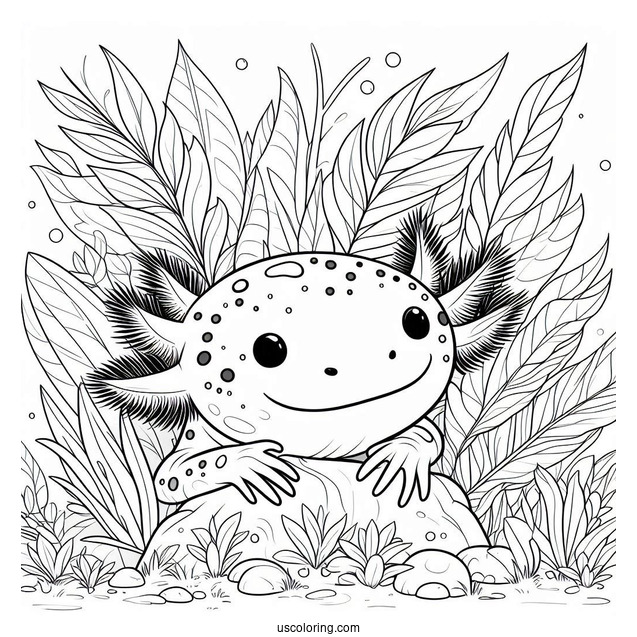 Axolotl Coloring Page Hiding Behind Vegetation