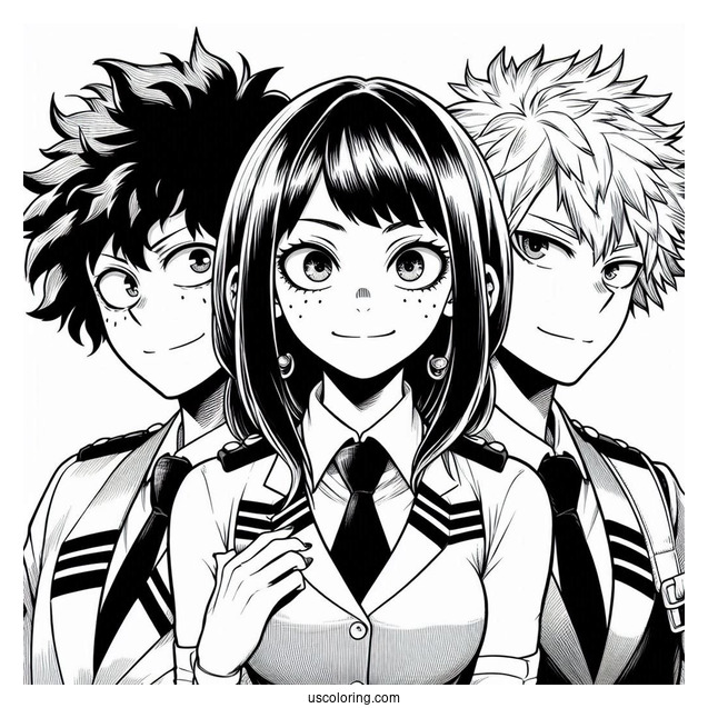 My Hero Academia Coloring Page Of Izuku, Ochako, And Shouto