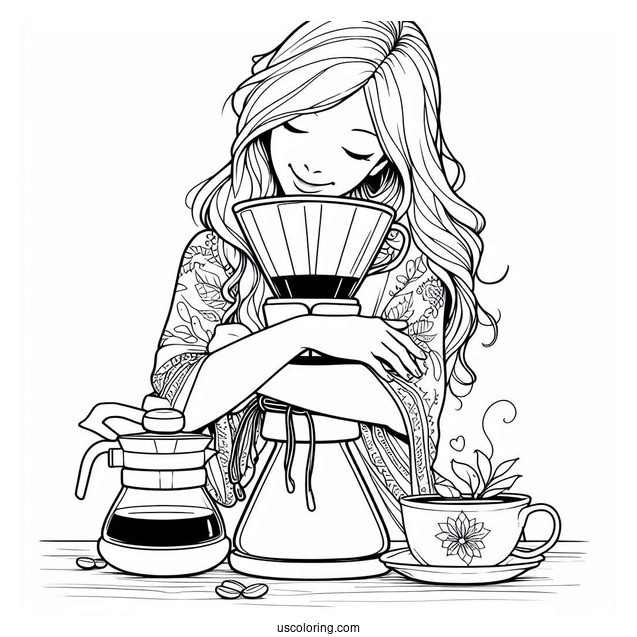 Coffee Coloring Pages Of Easy Woman Hugging Chemex Coffee Maker For Kids