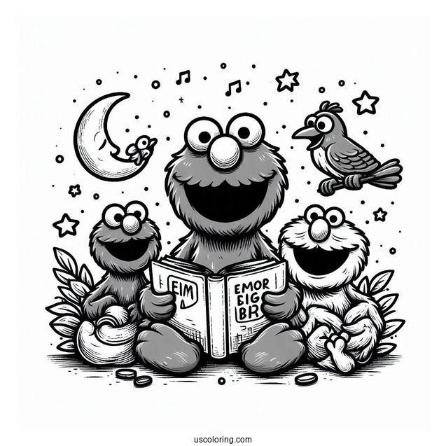 Elmo, Oscar and Big Bird Reading Books To Color