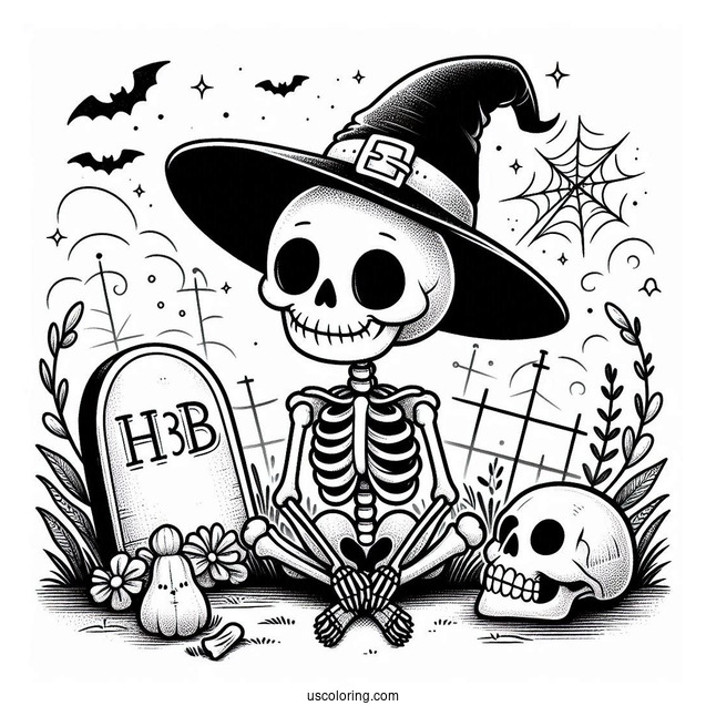 Cute Skeleton Coloring Page In Hat Sitting On Tombstone Halloween