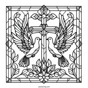 Two Doves Flying To The Cross Stained Glass Coloring Page
