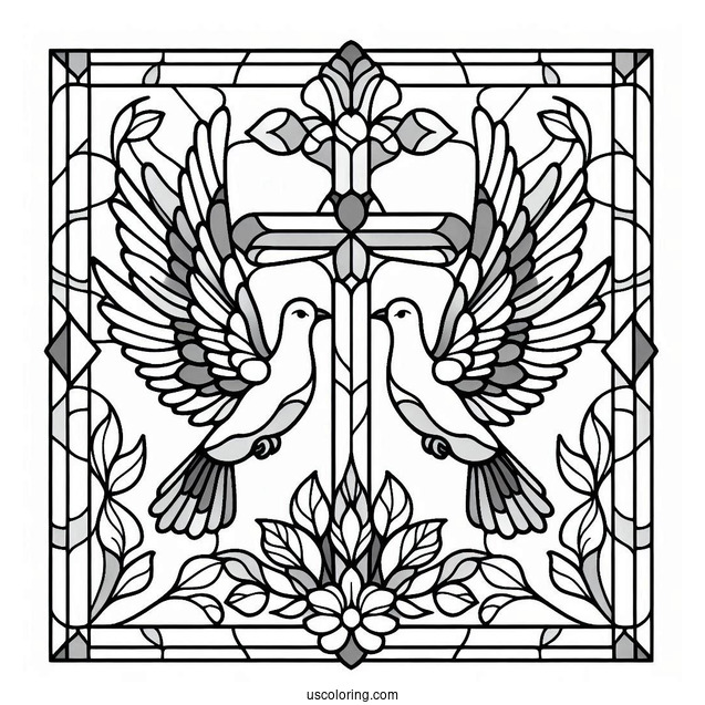 Two Doves Flying To The Cross Stained Glass Coloring Page