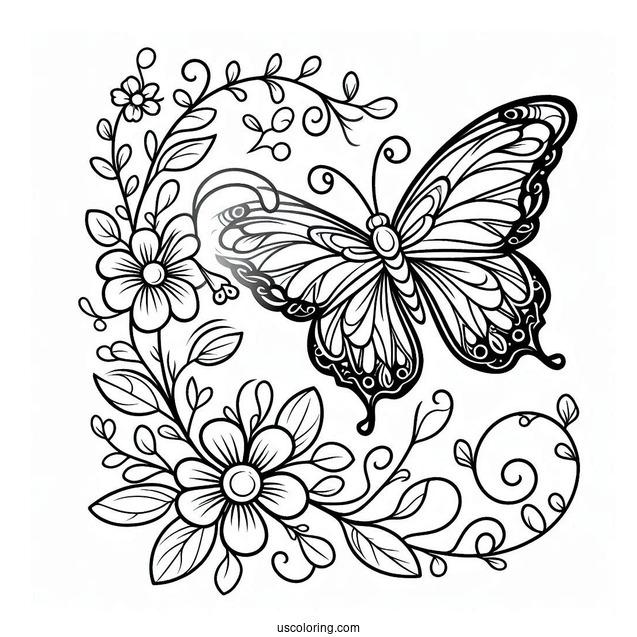 Beautiful Butterfly Coloring Page On A Vine Of Flowers