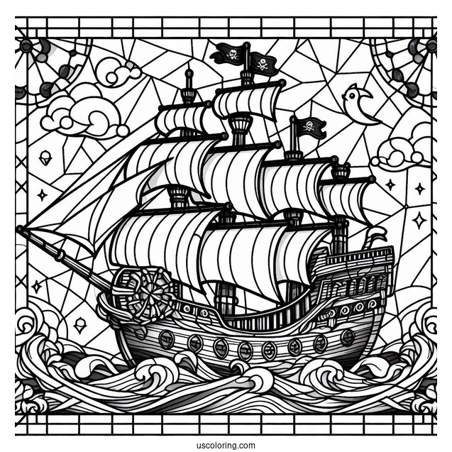 Detailed Pirate Ship Coloring Page Stained Glass