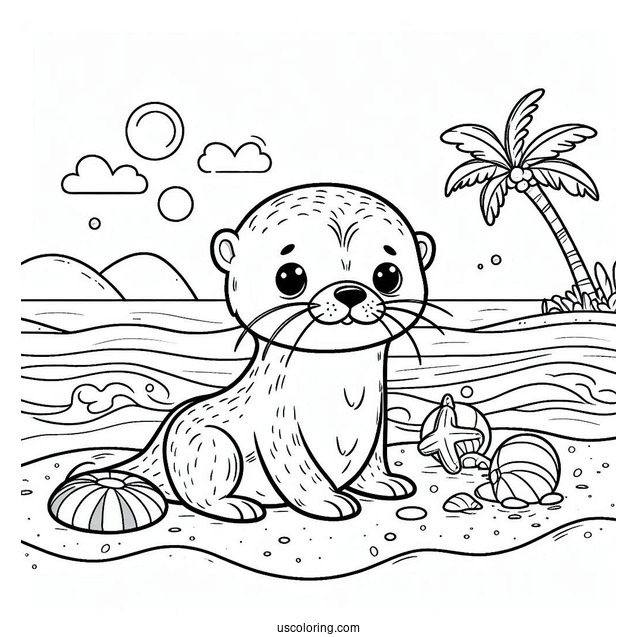 Cute Cartoon Otter Coloring Page On The Beach For Preschoolers