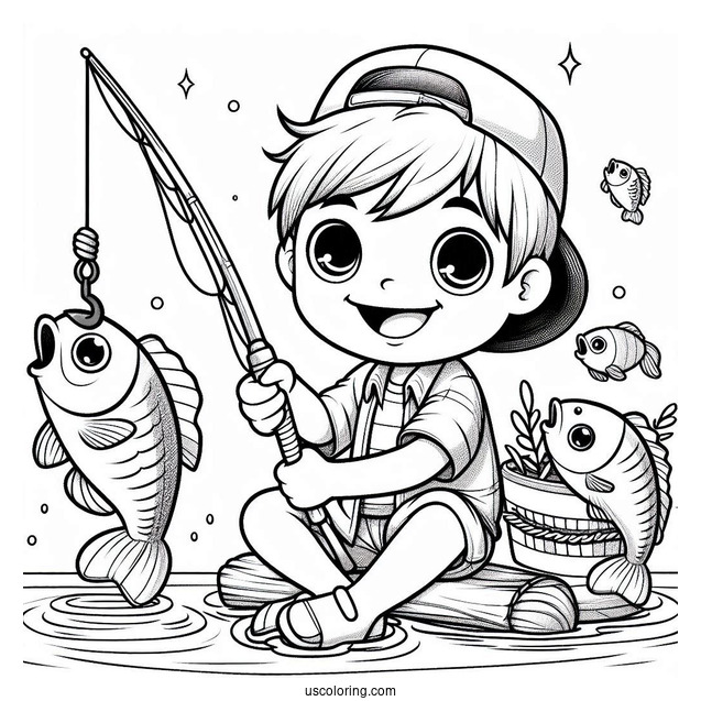 Fishing Coloring Page Of Boy Holding Up Fish With A Hook For Preschoolers