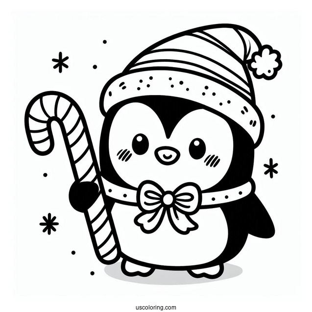 Cute Cartoon Penguin Holding A Candy Cane Coloring Page For Kids
