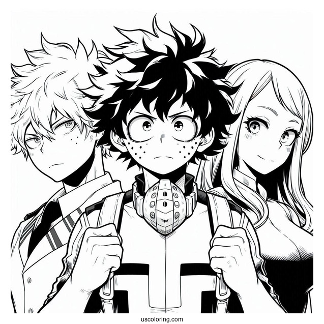 My Hero Academia Coloring Page Of Izuku, Ochako, And Shouto