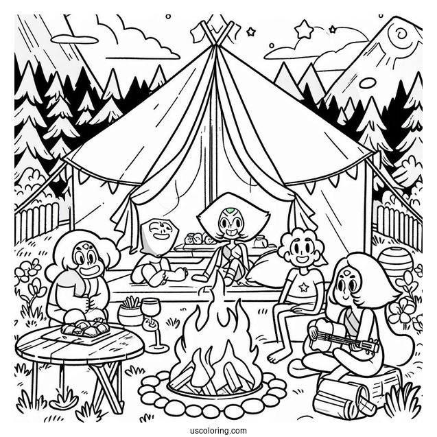 Steven Universe Coloring Page Of Glamping With Peridot, Amethyst, Pearl, Connie, Bismuth, Lapis Lazuli, Ruby, And Sapphire