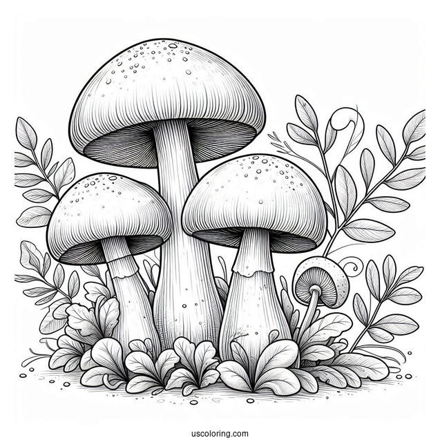 Three Realistic Mushroom Coloring Page Surrounded By Larger Plants