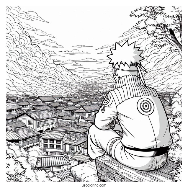 Hokage Naruto Coloring Page Overlooking Hidden Leaf Village