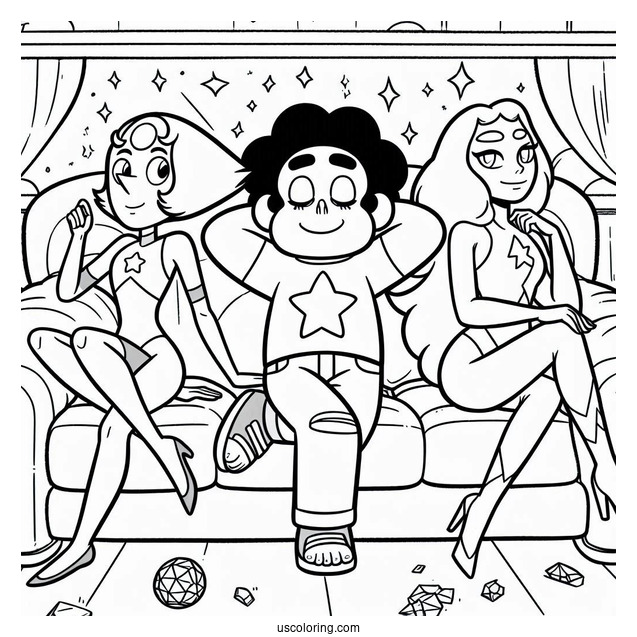 Steven Universe Coloring Page Of Posing On Couch With Amethyst, Pearl, And Garnet
