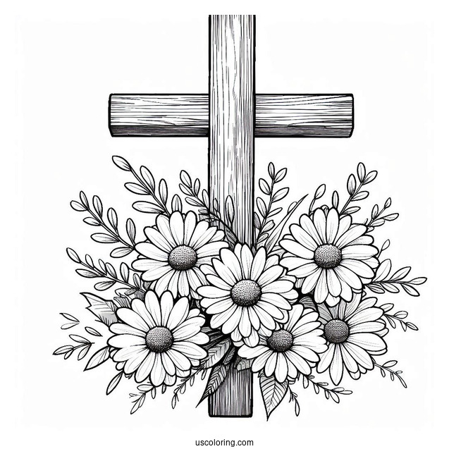 Daises Over A Wooden Cross Coloring Page In Nature For Kids