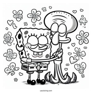 SpongeBob Hugging Squidward Coloring Page